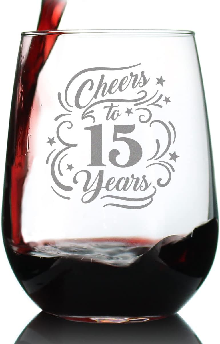 15th Anniversary Stemless Wine Glasses - 17 Oz Gifts for Couples
