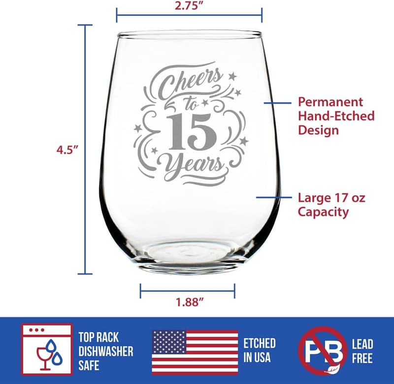 15th Anniversary Stemless Wine Glasses - 17 Oz Gifts for Couples