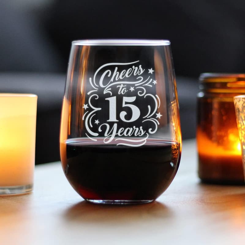 15th Anniversary Stemless Wine Glasses - 17 Oz Gifts for Couples