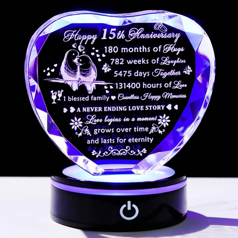 15th Anniversary Crystal Heart Keepsake for Couples with LED Base