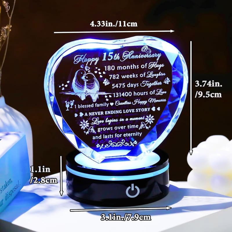 15th Anniversary Crystal Heart Keepsake for Couples with LED Base