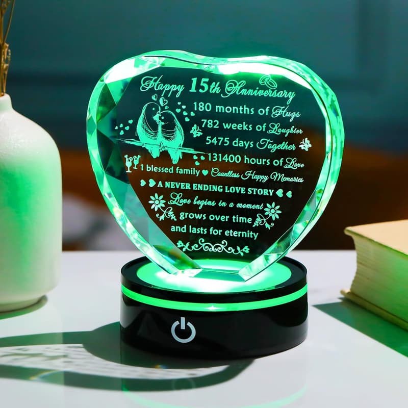 15th Anniversary Crystal Heart Keepsake for Couples with LED Base
