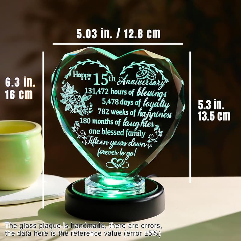 15th Anniversary Crystal Heart Plaque with LED Base for Wife