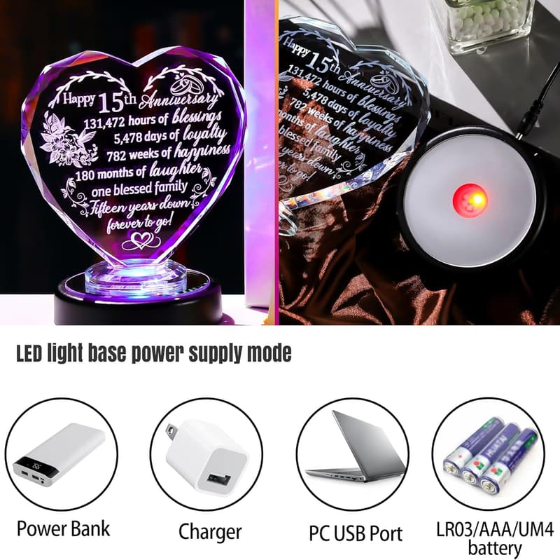 15th Anniversary Crystal Heart Plaque with LED Base for Wife