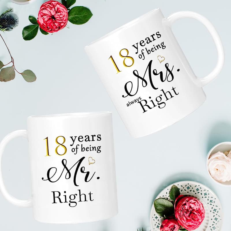 18th Anniversary Coffee Mugs Set for Couples, Gift Boxed, 11oz
