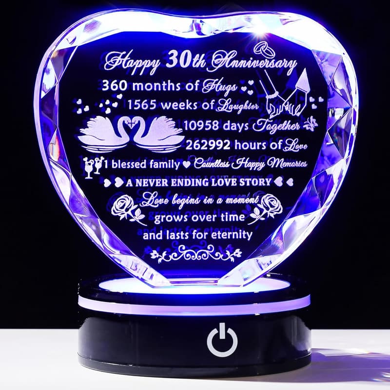 30th Anniversary Laser Engraved Crystal Heart Gift for Couples