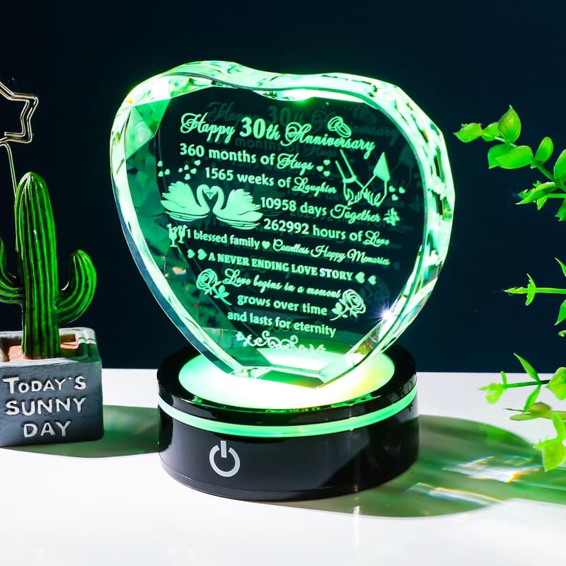 30th Anniversary Laser Engraved Crystal Heart Gift for Couples