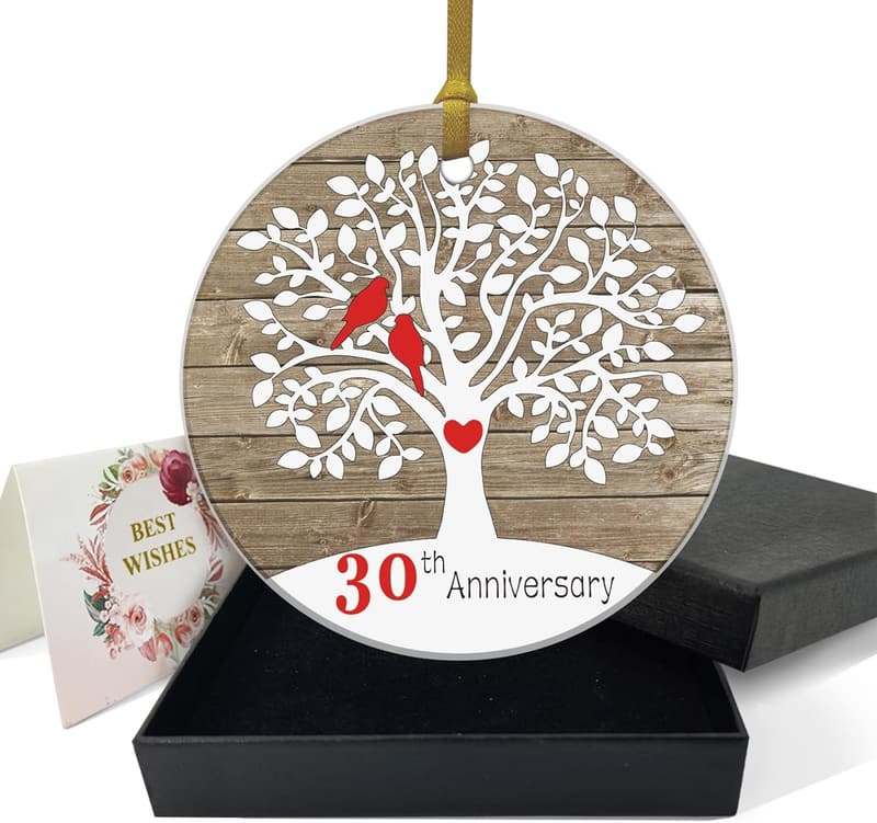 30th Anniversary Ceramic Ornament with Gold Ribbon for Couples