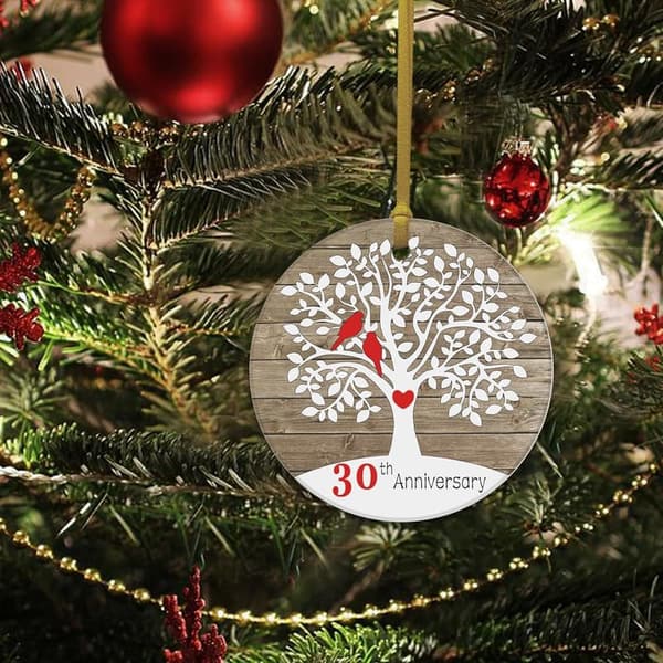 30th Anniversary Ceramic Ornament with Gold Ribbon for Couples