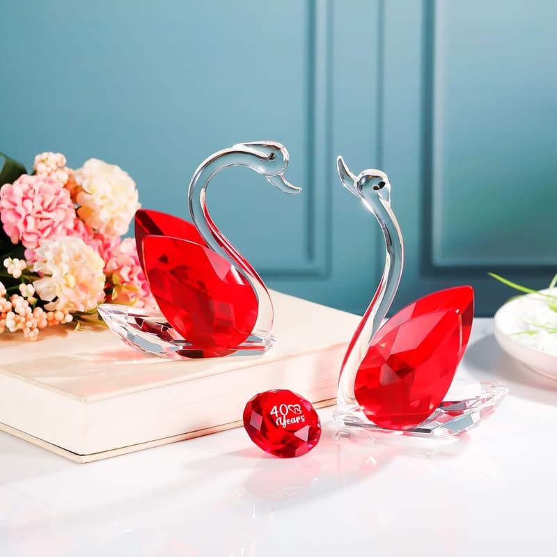 40th Anniversary Handmade Ruby Crystal Swan Gift for Couples