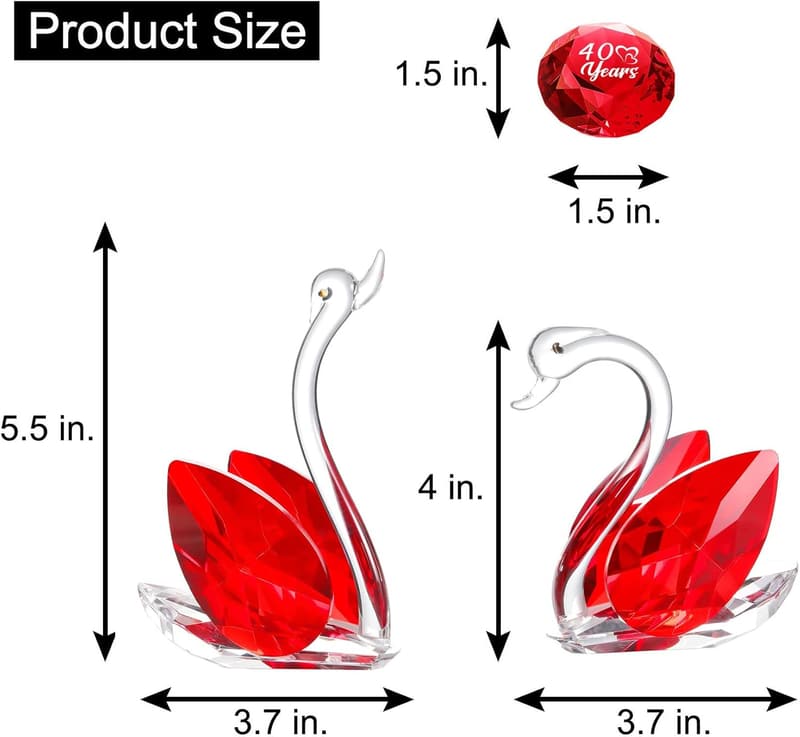 40th Anniversary Handmade Ruby Crystal Swan Gift for Couples