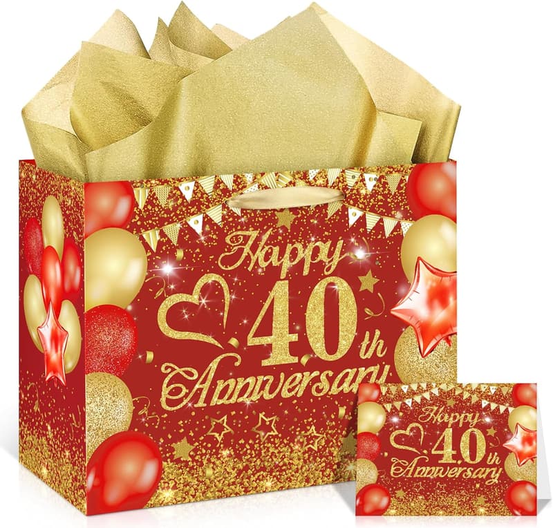 40th Anniversary Red Gold Gift Bag with Tissue and Card