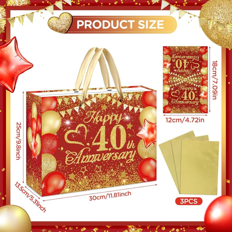 40th Anniversary Red Gold Gift Bag with Tissue and Card