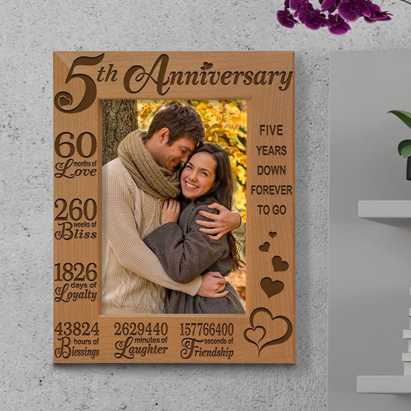 5th Anniversary Engraved Natural Wood Picture Frame