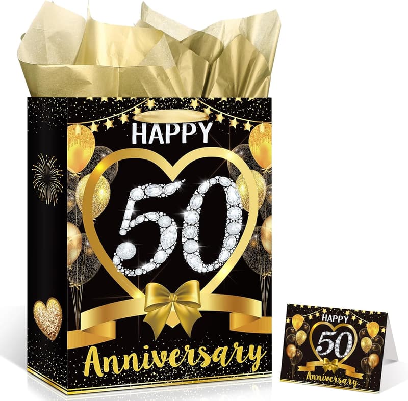50th Anniversary Black Gold Gift Bag with Tissue & Card
