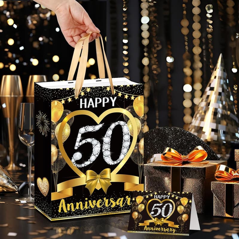50th Anniversary Black Gold Gift Bag with Tissue & Card