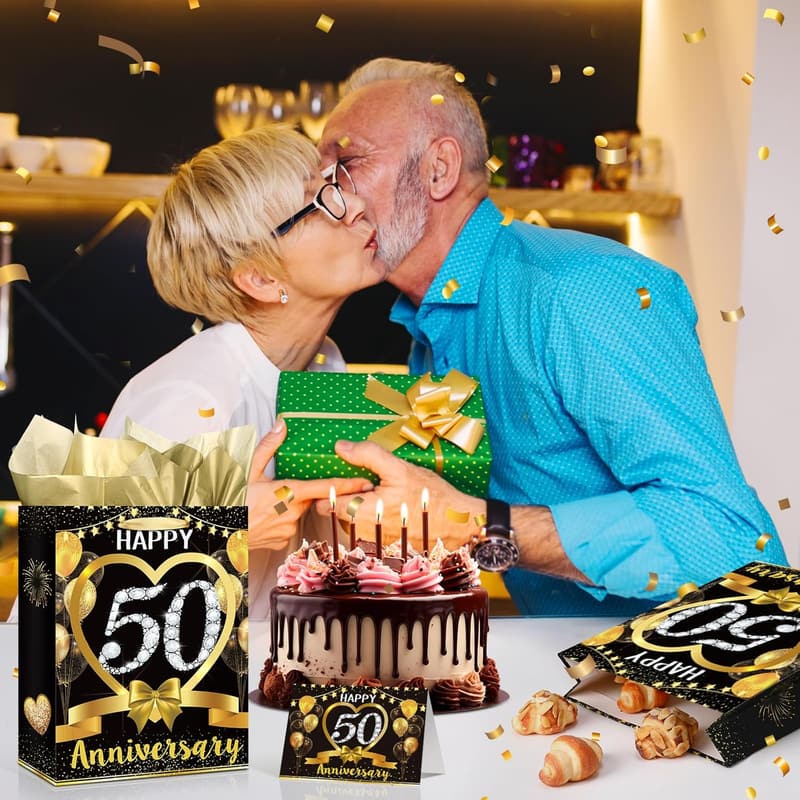 50th Anniversary Black Gold Gift Bag with Tissue & Card