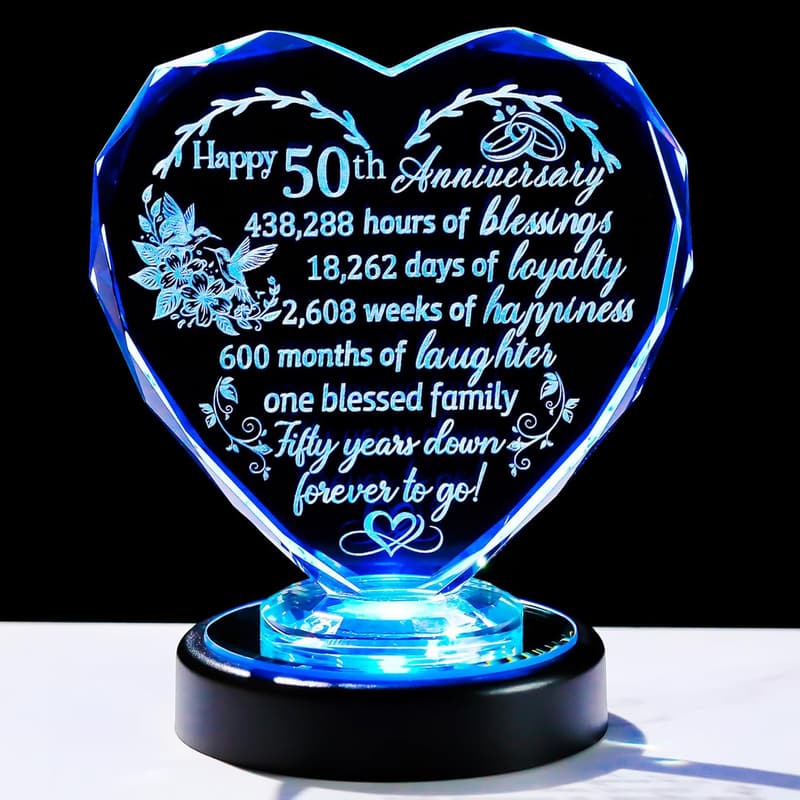 50th Anniversary Crystal Heart Gift with LED Base for Couples