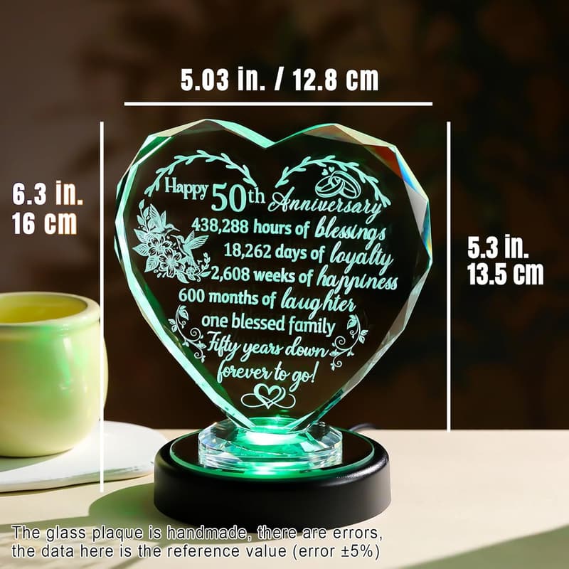 50th Anniversary Crystal Heart Gift with LED Base for Couples