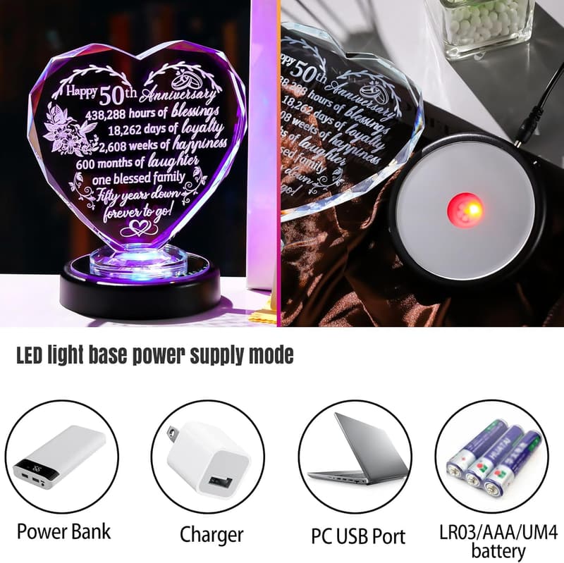 50th Anniversary Crystal Heart Gift with LED Base for Couples