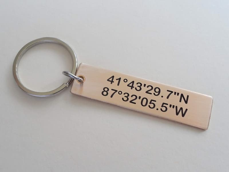 Engraved GPS Coordinates Keychain for Couples' Anniversary