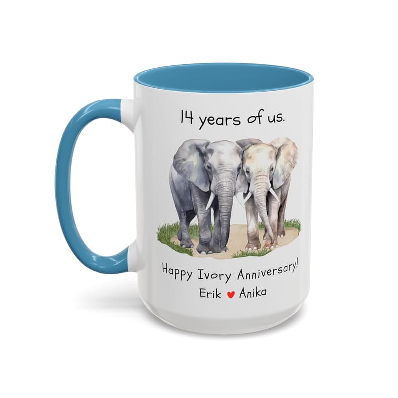 14th Anniversary Personalized Couples Mug with Elephants