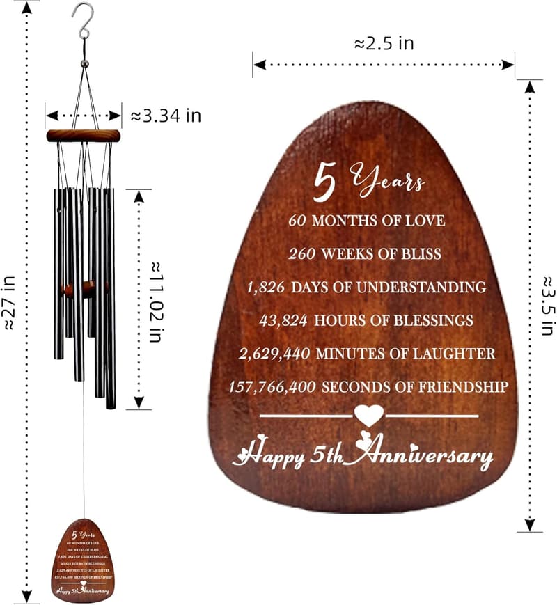 5th Anniversary Wooden Wind Chime for Couples