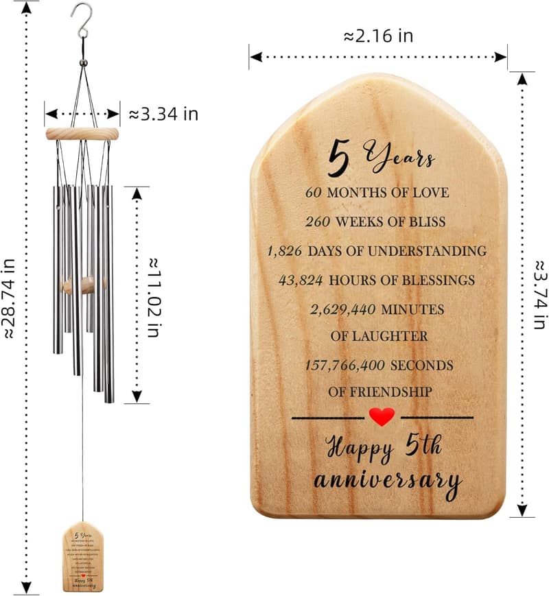 5th Anniversary Wooden Wind Chime for Couples