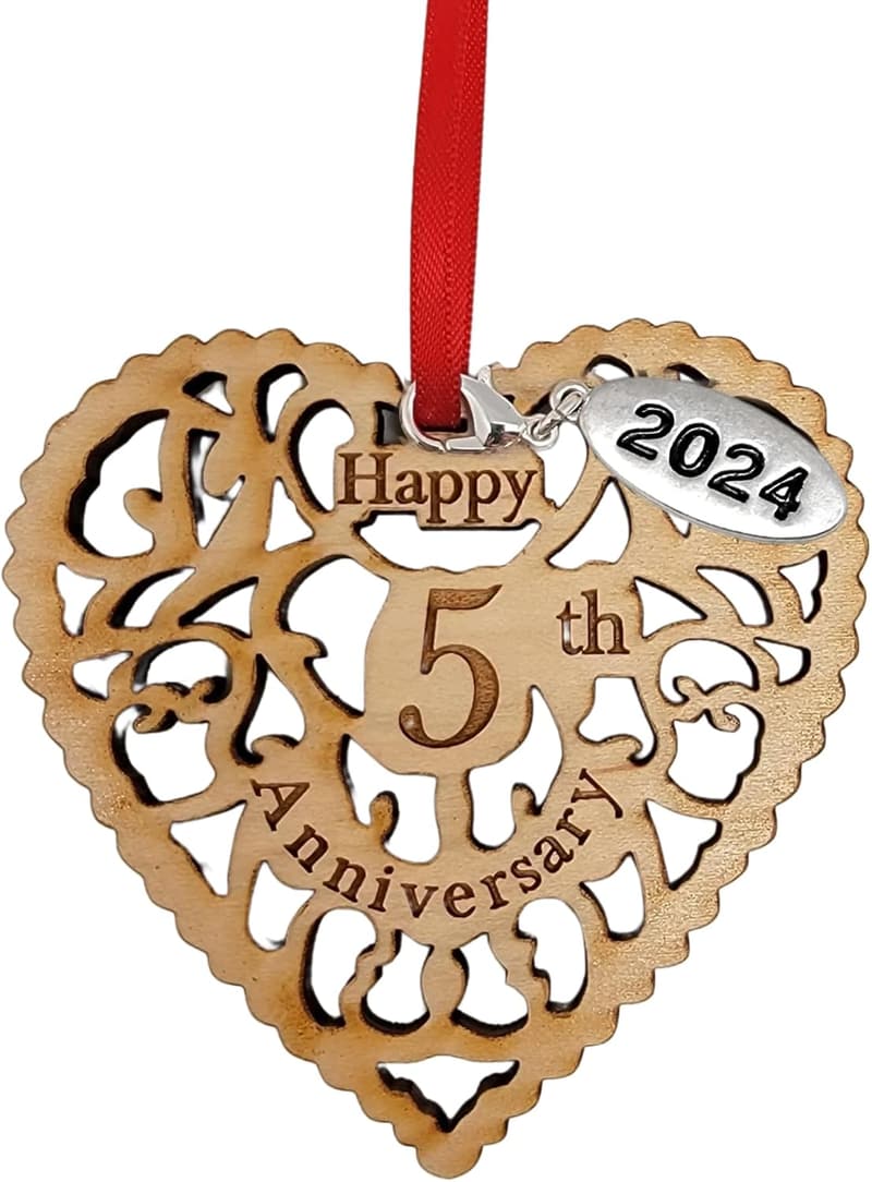 5th Anniversary Wooden Heart Ornament with Gift Bag