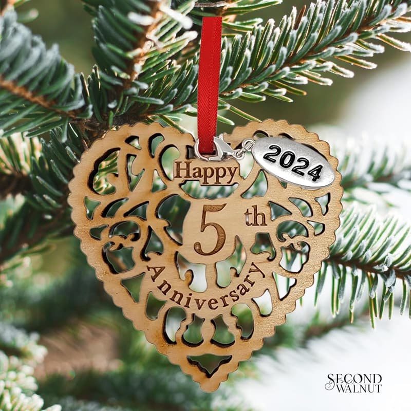 5th Anniversary Wooden Heart Ornament with Gift Bag