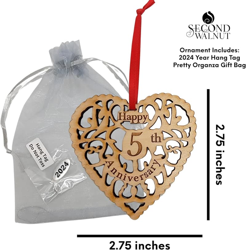 5th Anniversary Wooden Heart Ornament with Gift Bag