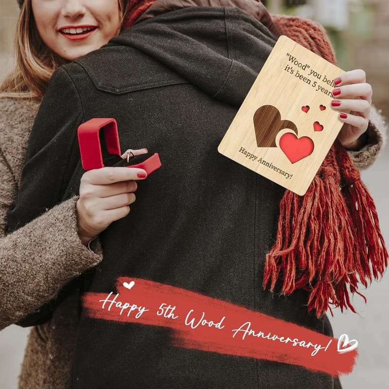 5th Wedding Anniversary Handmade Wooden Card for Couples