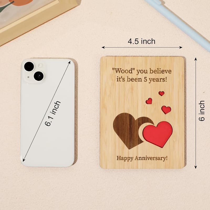 5th Wedding Anniversary Handmade Wooden Card for Couples