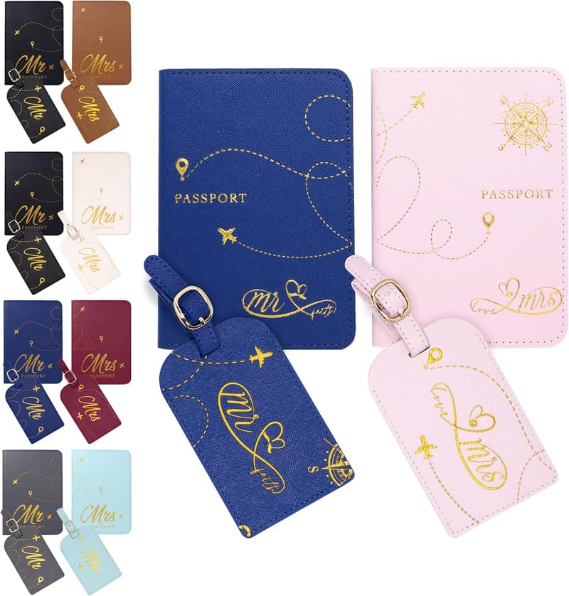 His and Hers Leather Passport Cover Set with Tags - Wedding Gift