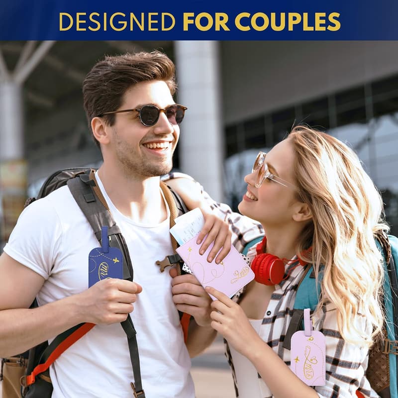 His and Hers Leather Passport Cover Set with Tags - Wedding Gift