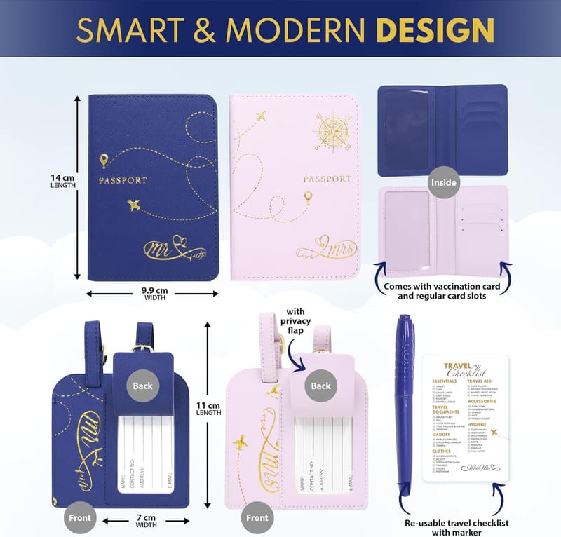 His and Hers Leather Passport Cover Set with Tags - Wedding Gift