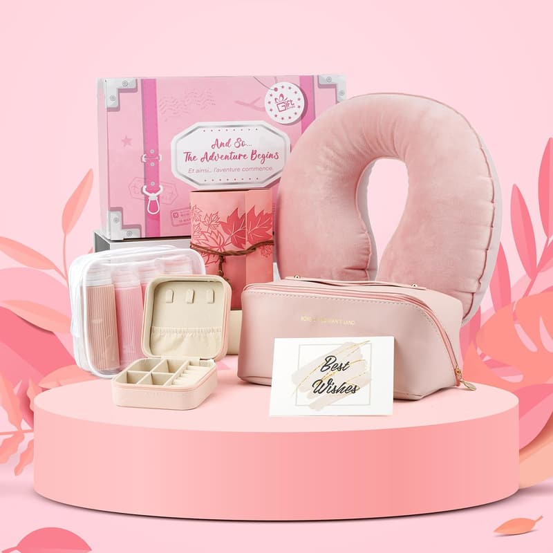 Pink Travel Gift Set for Women - Makeup Bags, Bottles & Pillow