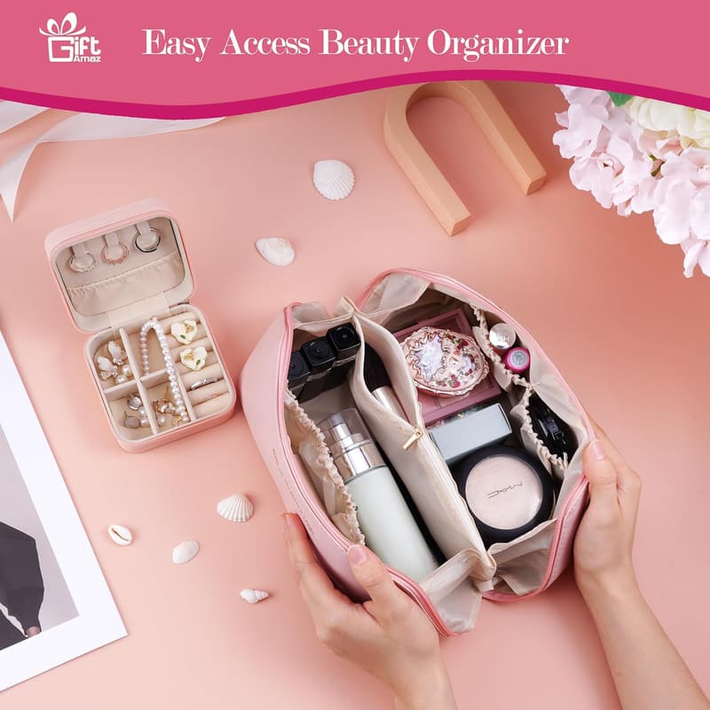 Pink Travel Gift Set for Women - Makeup Bags, Bottles & Pillow