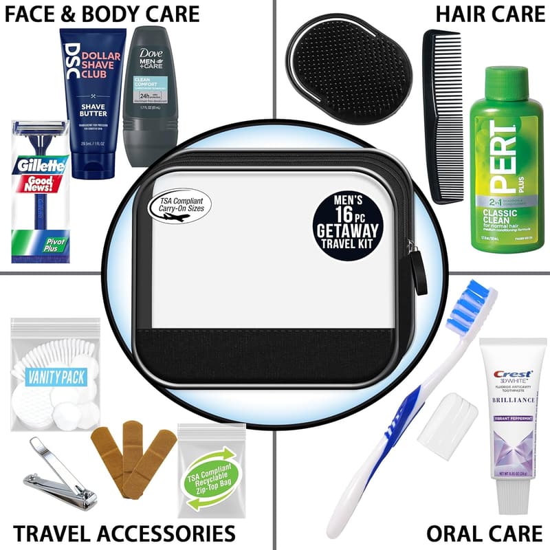 Men's Travel Convenience Kit - 16-Piece TSA Compliant Essentials