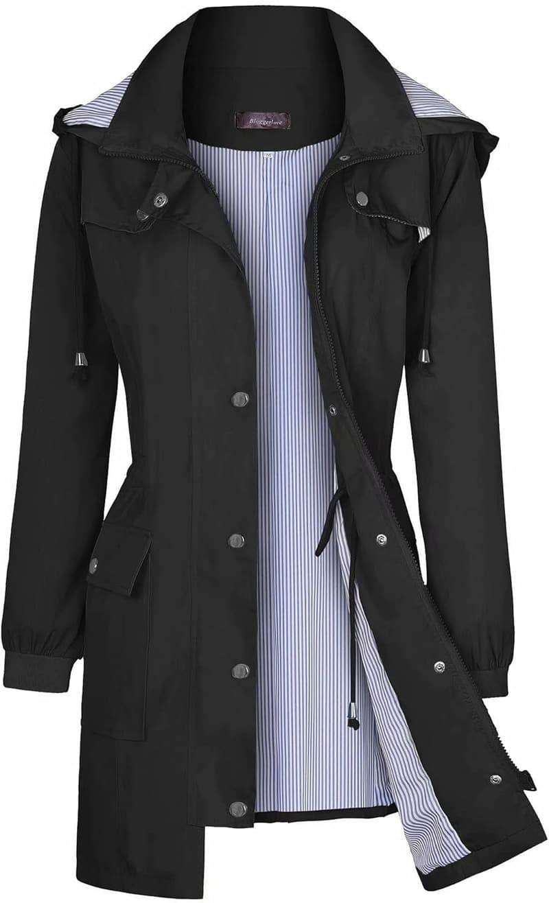 Women's Lightweight Waterproof Rain Jacket - Striped Hooded Windbreaker