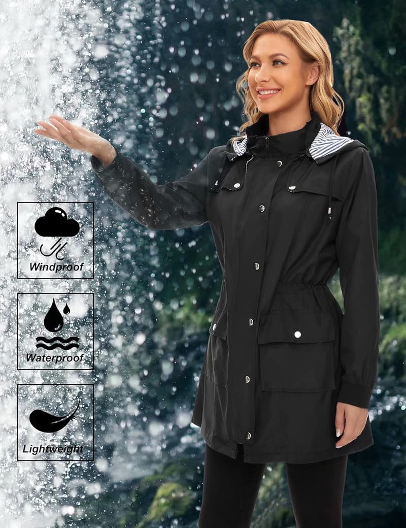 Women's Lightweight Waterproof Rain Jacket - Striped Hooded Windbreaker