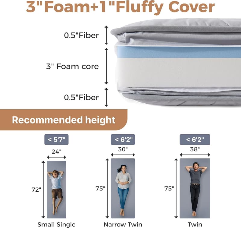 Portable 4-Inch Narrow Twin Gel Memory Foam Mattress Topper