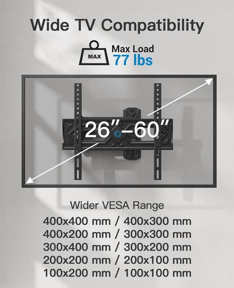 Full Motion TV Wall Mount for 26-60 Inch TVs, VESA 400x400mm