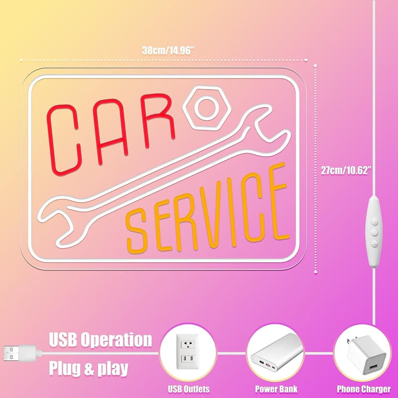 Dimmable Neon Car Service Sign for Garage Decor, 14.96
