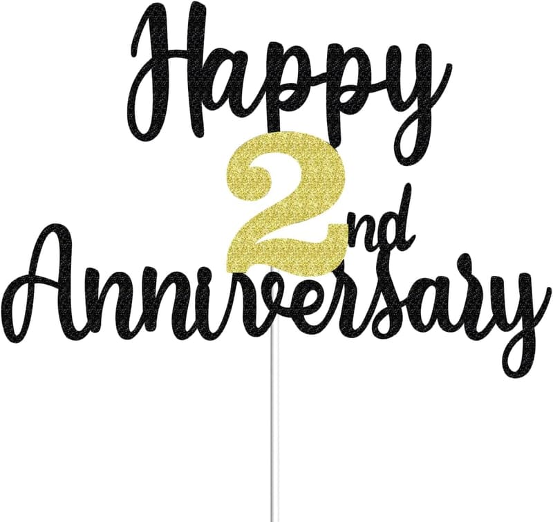 2nd Anniversary Cake Toppers - Glitter Decor (Black Gold)