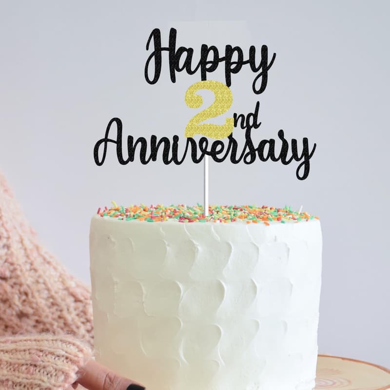 2nd Anniversary Cake Toppers - Glitter Decor (Black Gold)