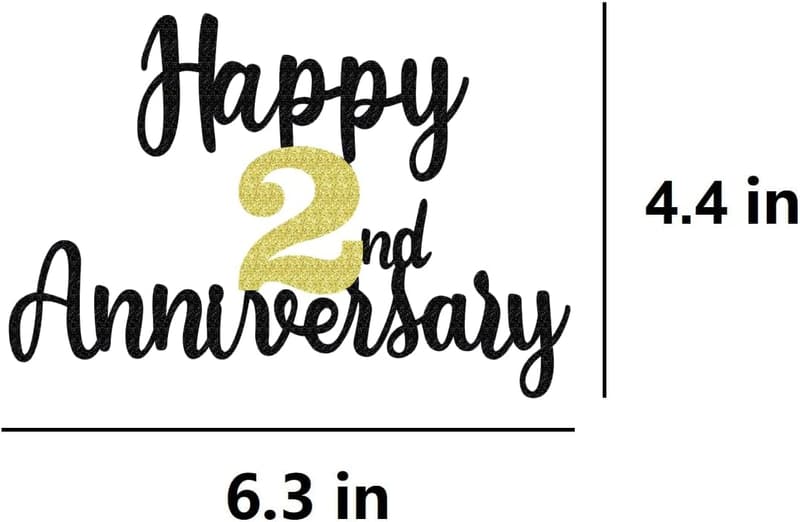 2nd Anniversary Cake Toppers - Glitter Decor (Black Gold)