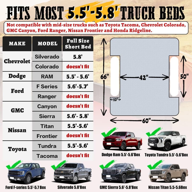 Outdoor Inflatable Air Mattress for Full-Size Trucks, 5.5-5.8ft