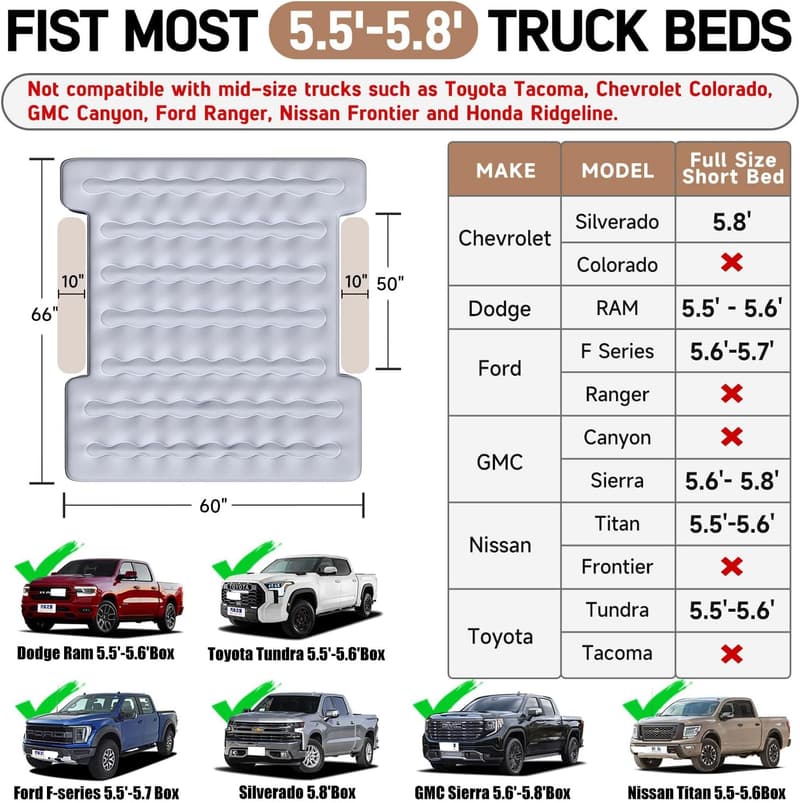 Inflatable Pickup Air Mattress with Detachable Pump for Camping