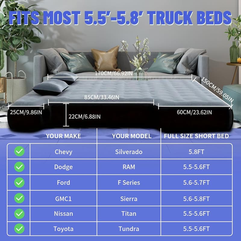 Camping Air Mattress for Pickup Truck with Electric Pump & Pillows